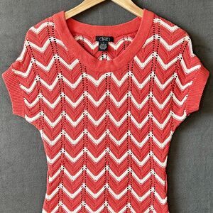 Deb Orange White Chevron Stripe Short Sleeve Pullover Sweater - Women's Size L
